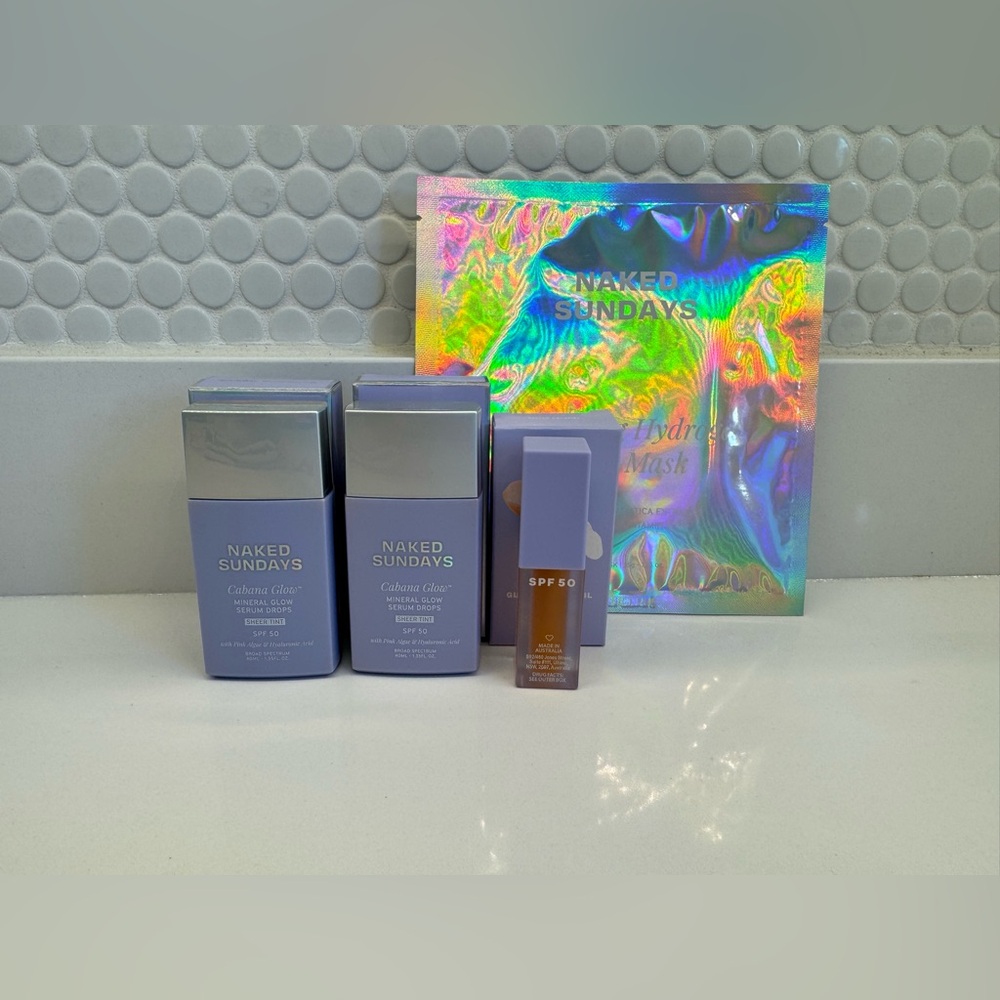 Naked Sundays Skincare Set-(2) sheer tint glow drops, lip oil and hydrogel mask